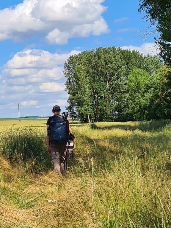 Person mit Teleobjektiv und Rucksack läuft durch hohes Gras zu einem Fotospot.