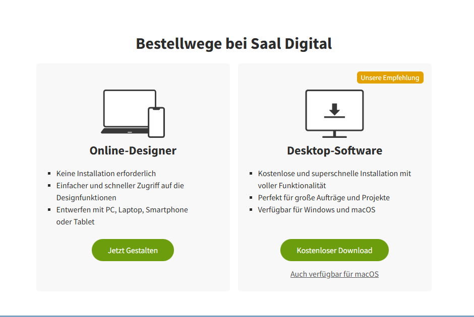 Bestellmöglichkeiten bei Saal Digital mit Online-Designer und Desktop-Software
