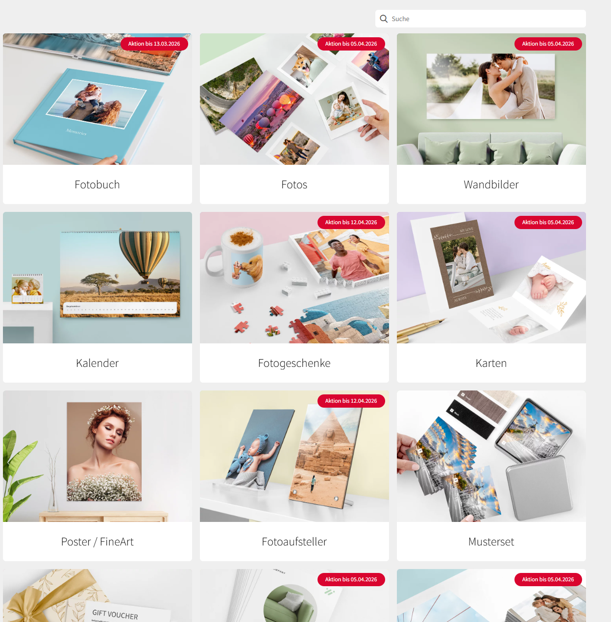 Produktauswahl im Saal Digital Shop mit Wandbildern, Fotobüchern und Fotogeschenken